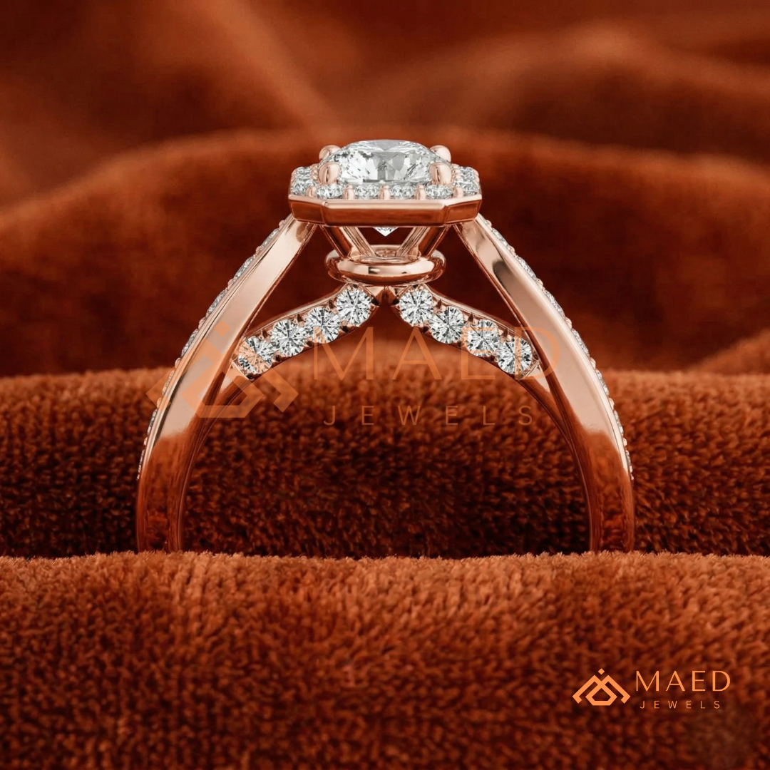 Radiant Cut Rectangular Halo Engagement Ring with Twisted Pavé Band