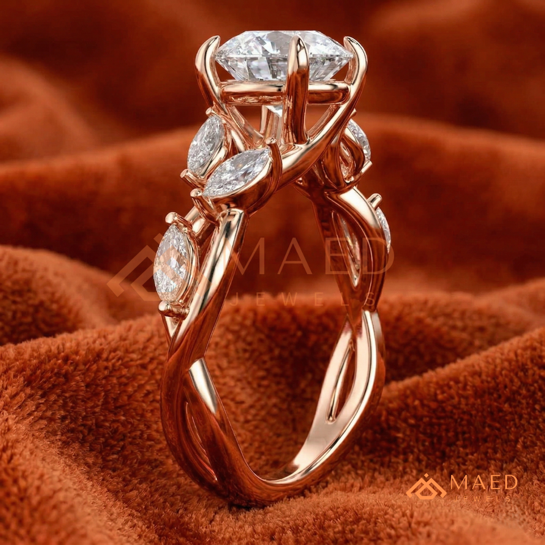 Nature Inspired Round Cut Moissanite Engagement Ring, Marquise Diamond Vine Leaf Wedding Ring in Silver, 14K Gold & Rose Gold