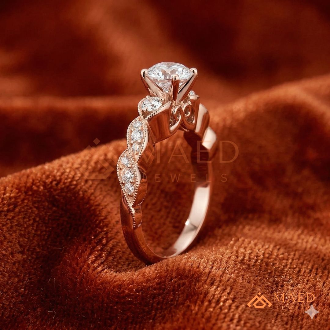 Vintage-Inspired Three-Stone Engagement Ring with Milgrain Twisted Band