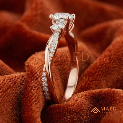 Classic 3-Stone Twisted Pavé Diamond Simulant Ring in Gold, Rose Gold & Silver
