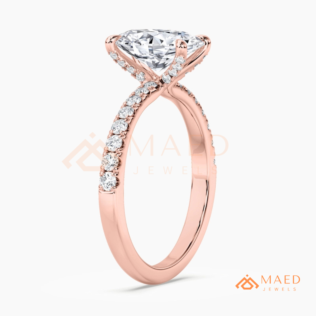 Oval Cut Engagement Ring with Pavé Band in Silver, 14K Gold, & 14K Rose Gold