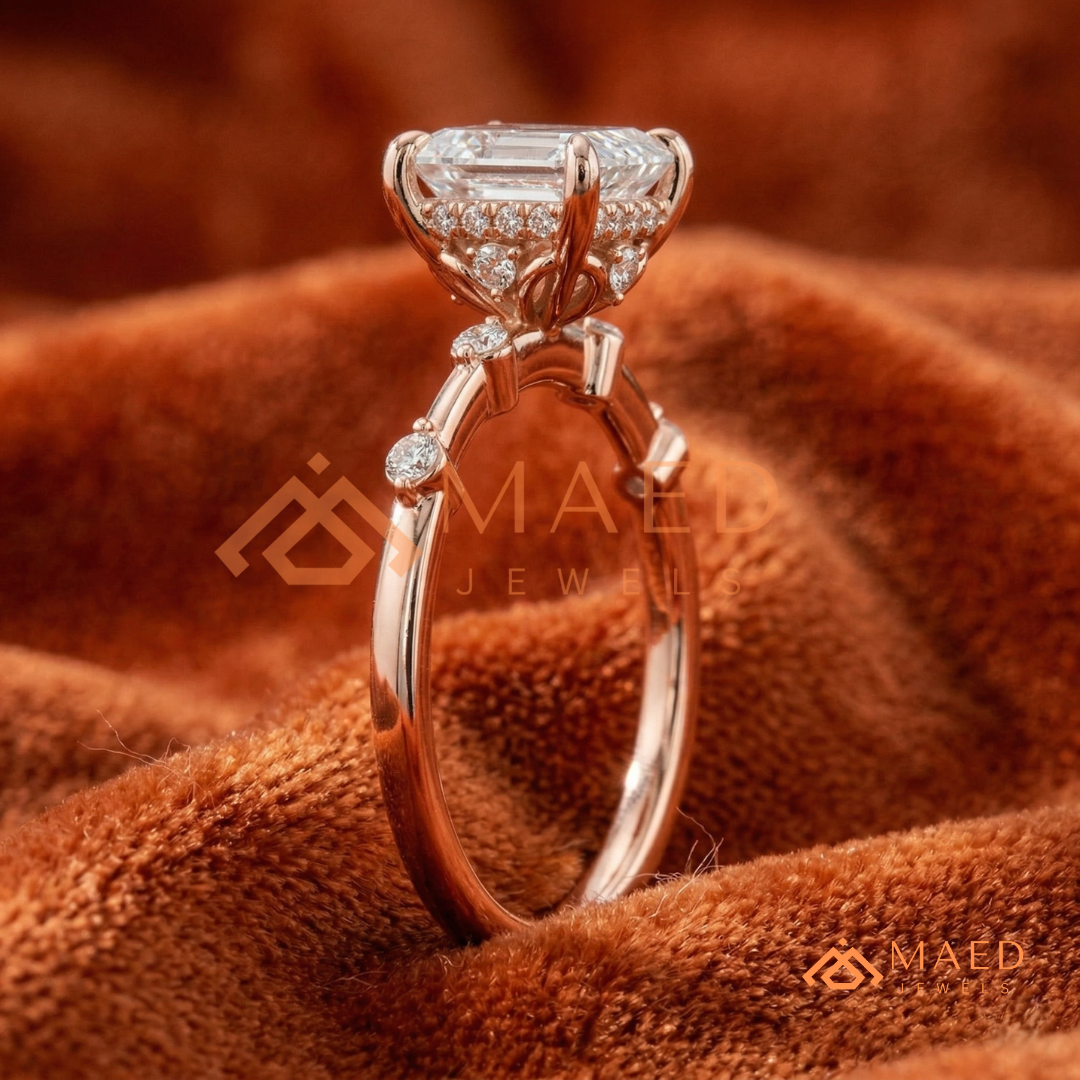 Asscher Cut Engagement Ring with Accent Stones | Vintage Art Deco Promise Ring | 14K Gold, Rose Gold & Sterling Silver
