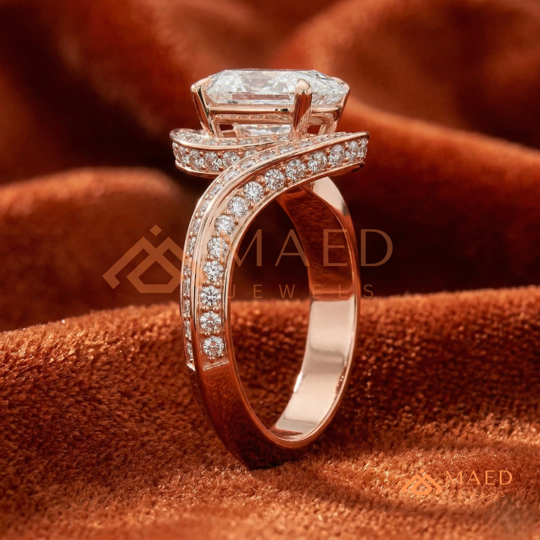 Oval Cut Bypass Halo Engagement Ring | Swirl Pavé Band in 14k Gold, Rose Gold & Silver
