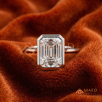 Modern Emerald Cut Solitaire Bezel Engagement Ring in Silver, 14K Gold & Rose Gold
