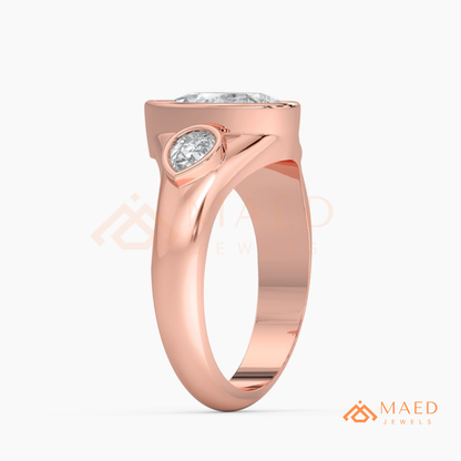 Modern Three-Stone Pear Shaped Bezel Engagement Ring in Silver, 14K Gold & Rose Gold