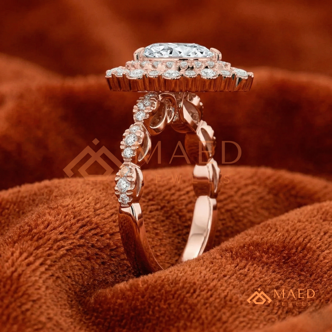 Vintage Pear Shaped Double Halo Engagement Ring with Pave Band in Silver, 14K Gold & Rose Gold