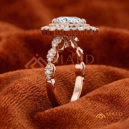 Vintage Pear Shaped Double Halo Engagement Ring with Pave Band in Silver, 14K Gold & Rose Gold