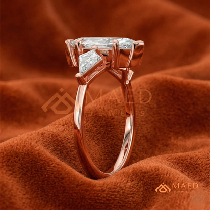 Marquise Cut Three Stone Ring with Kite Side Diamonds | 14k Gold, Rose Gold & Silver