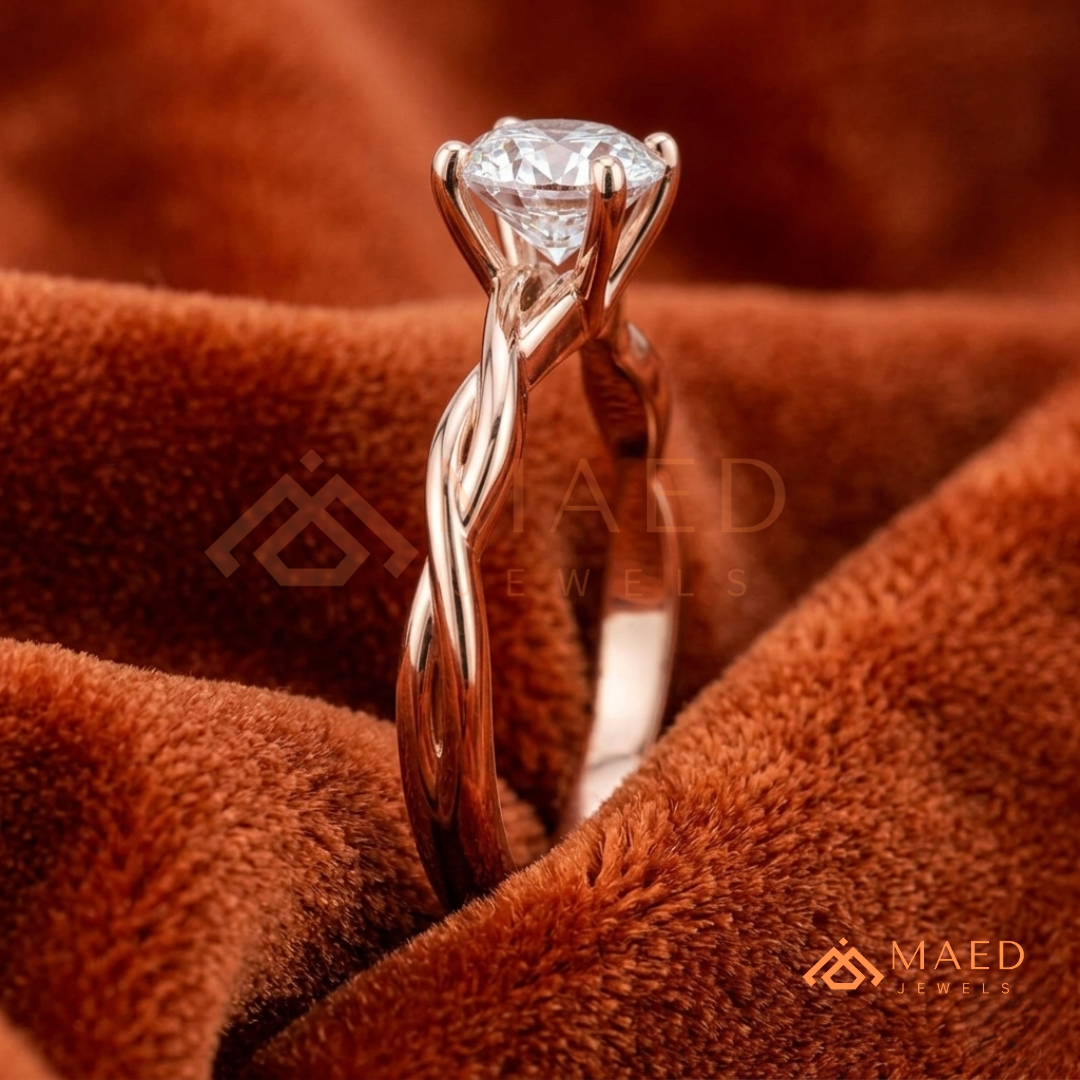 Braided Solitaire Oval Cut Ring in 14K Yellow Gold, Rose Gold & Silver