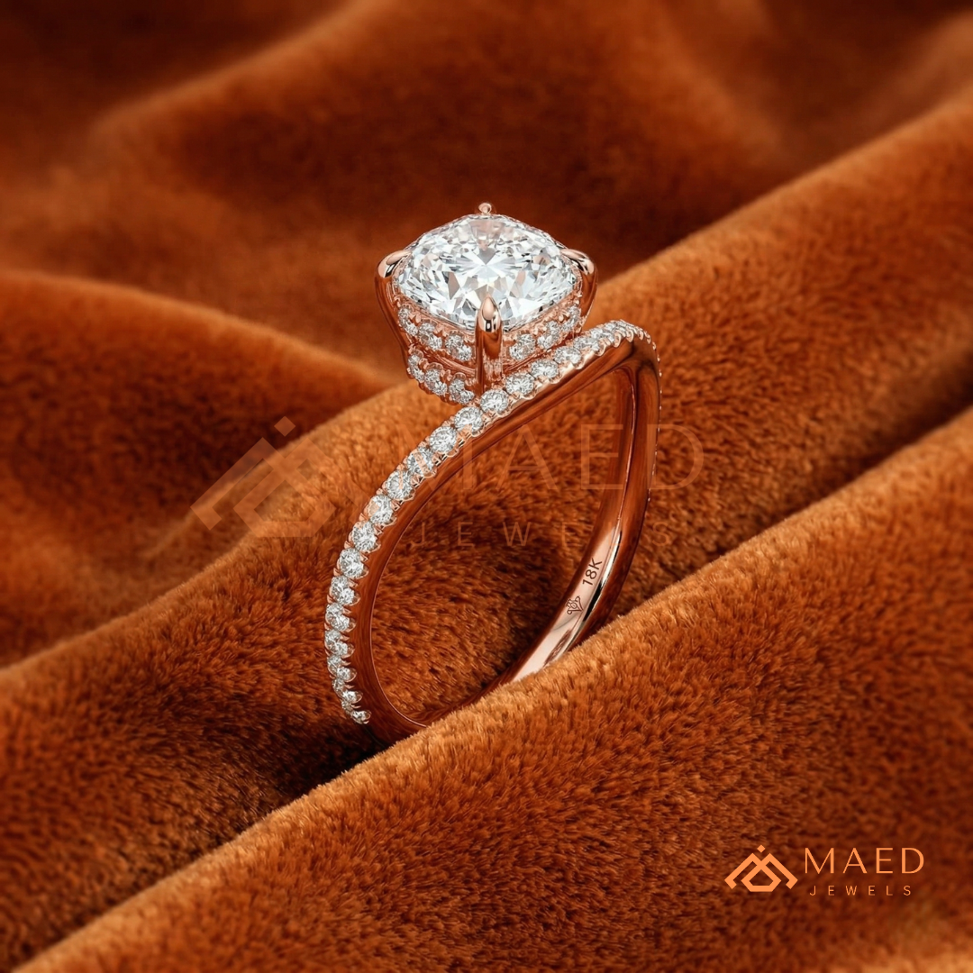 Cushion Cut Moissanite Chevron Engagement Ring, Curved Pavé Diamond Wishbone Wedding Ring in Silver, 14K Gold & Rose Gold