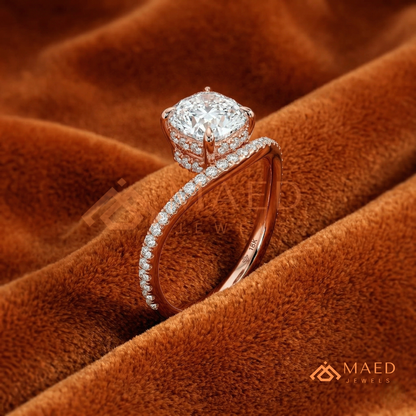 Cushion Cut Moissanite Chevron Engagement Ring, Curved Pavé Diamond Wishbone Wedding Ring in Silver, 14K Gold & Rose Gold
