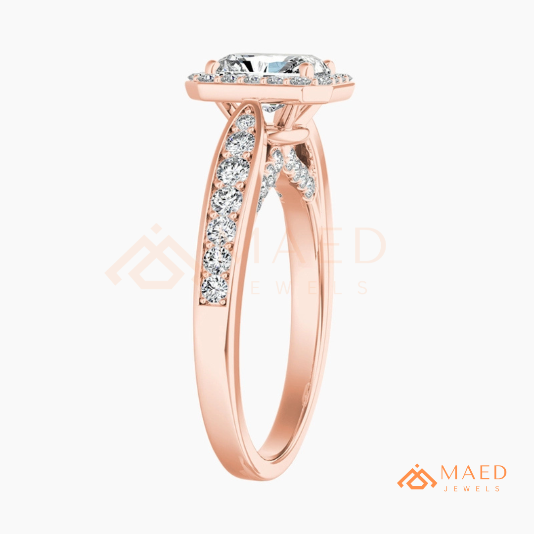 Radiant Cut Rectangular Halo Engagement Ring with Twisted Pavé Band