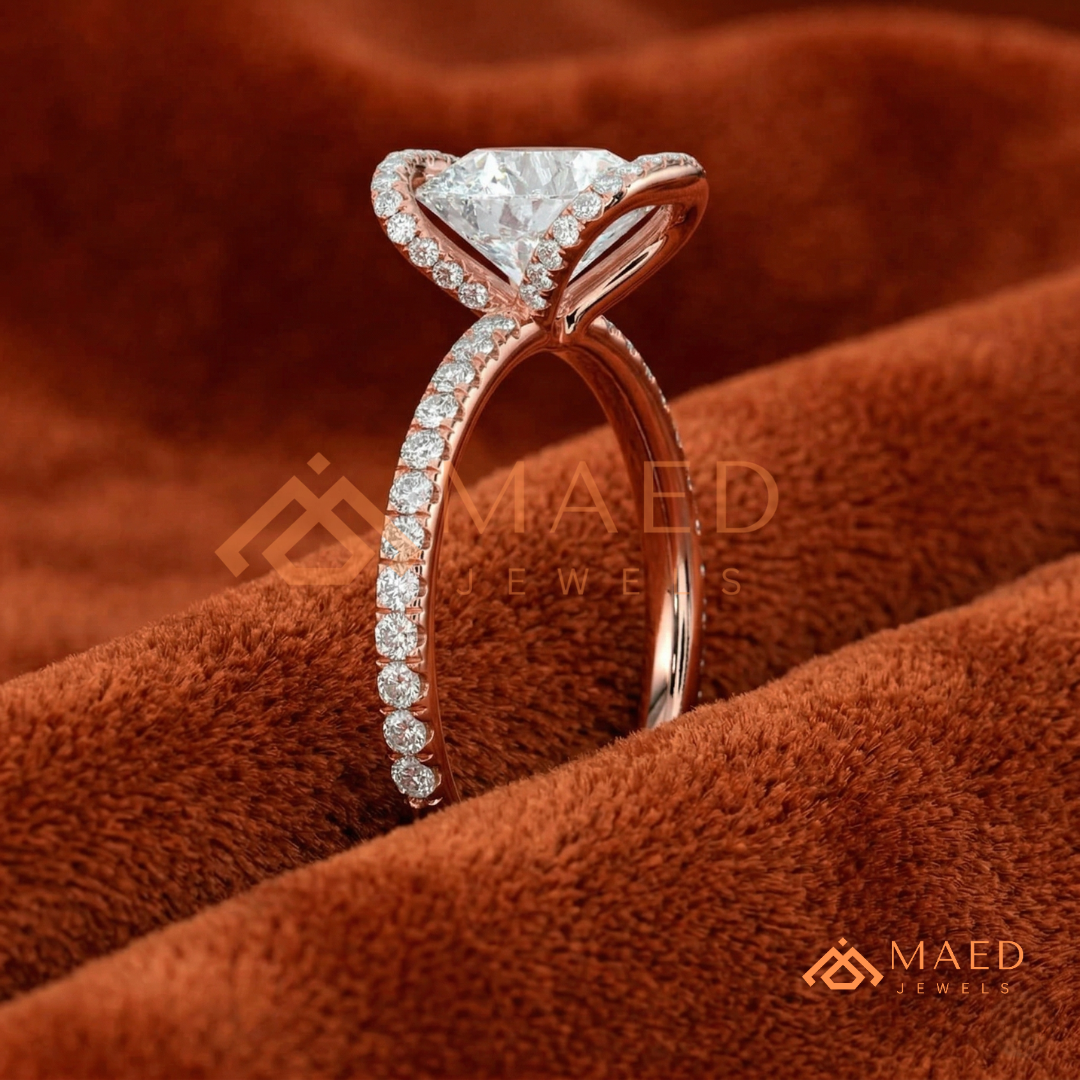 Modern Round Cut Open Arc Halo Engagement Ring in 14K Gold, Rose Gold & Silver