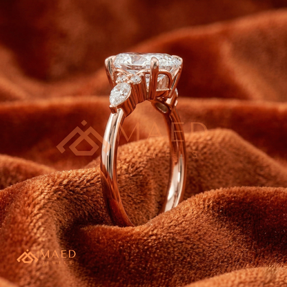 Oval Cut Engagement Ring with Pear and Round Cluster Band in Silver, 14K Gold, & 14K Rose Gold