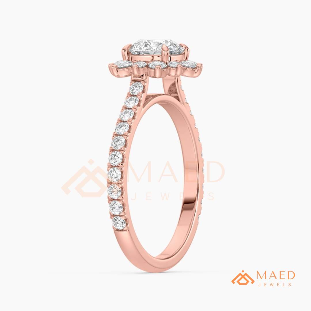Vintage Starburst Halo Round Cut Engagement Ring with Pave Band in Silver, 14K Gold & Rose Gold