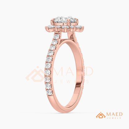 Vintage Starburst Halo Round Cut Engagement Ring with Pave Band in Silver, 14K Gold & Rose Gold