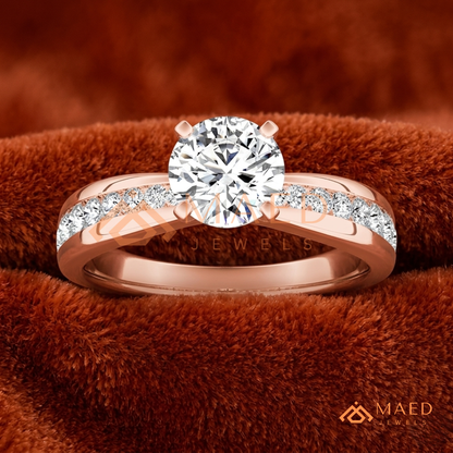 Round Brilliant Solitaire Engagement Ring with Channel Set Band – Sterling Silver, 14K Gold, or 14K Rose Gold