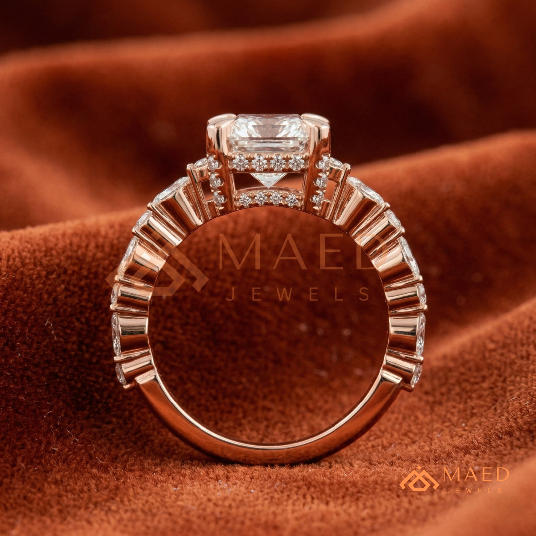 Radiant Cut Engagement Ring | Marquise & Round Cluster Band in 14K Gold, Rose Gold & Sterling Silver