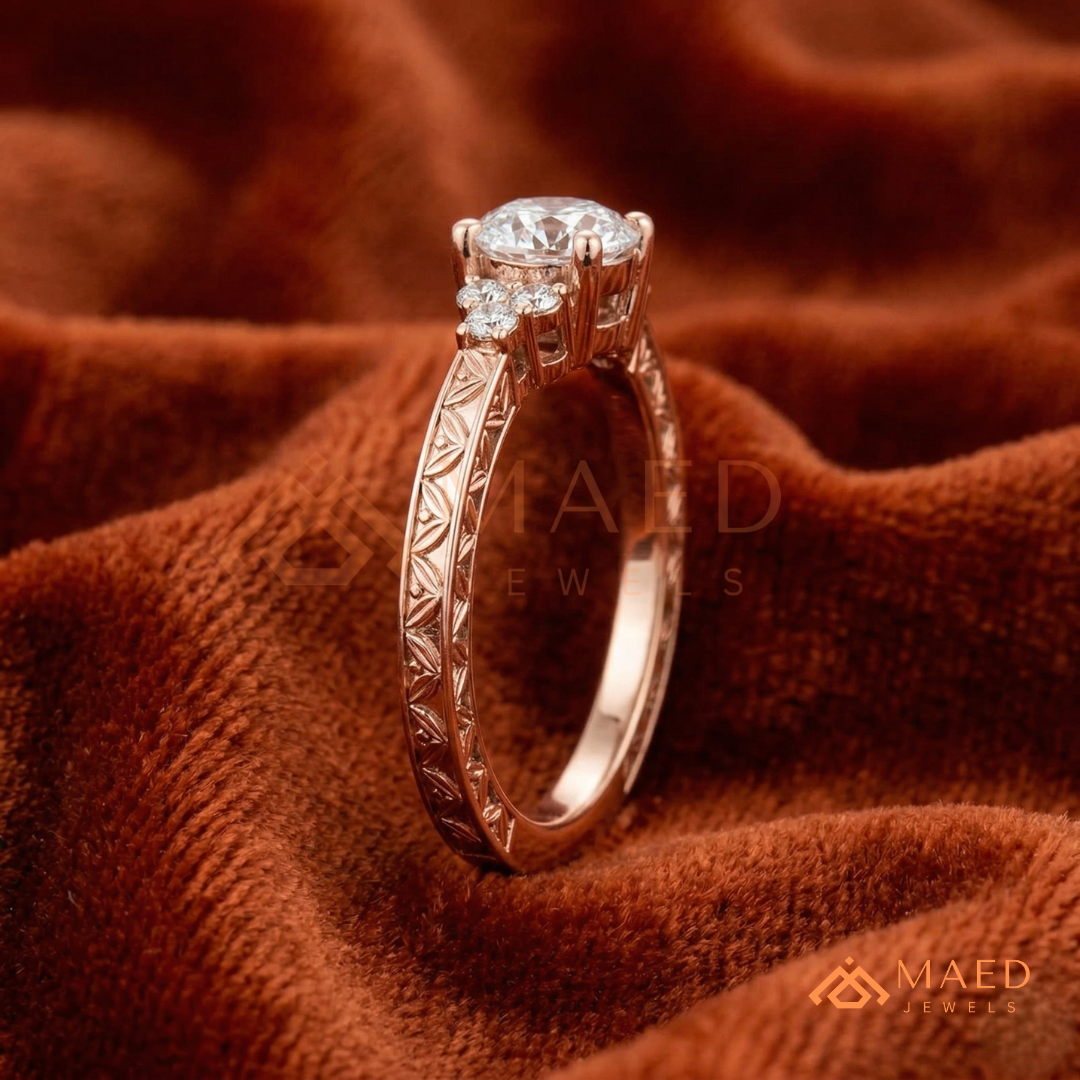 Vintage Princess Cut Three-Stone Engraved Ring | 14K Gold, Rose Gold & Silver