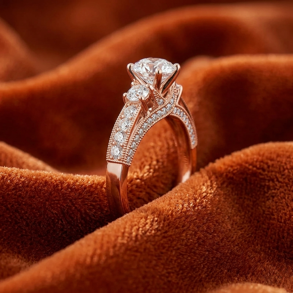 Round-Cut Three-Stone Engagement Ring with Milgrain Channel-Set Band