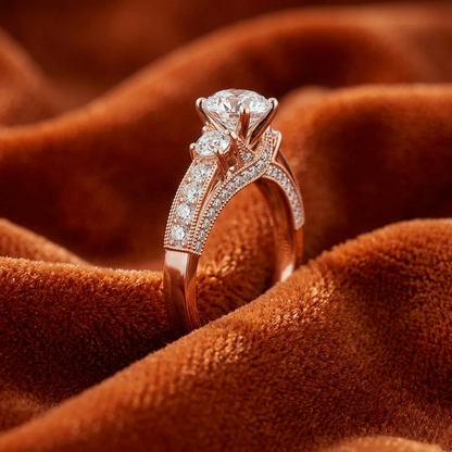 Round-Cut Three-Stone Engagement Ring with Milgrain Channel-Set Band