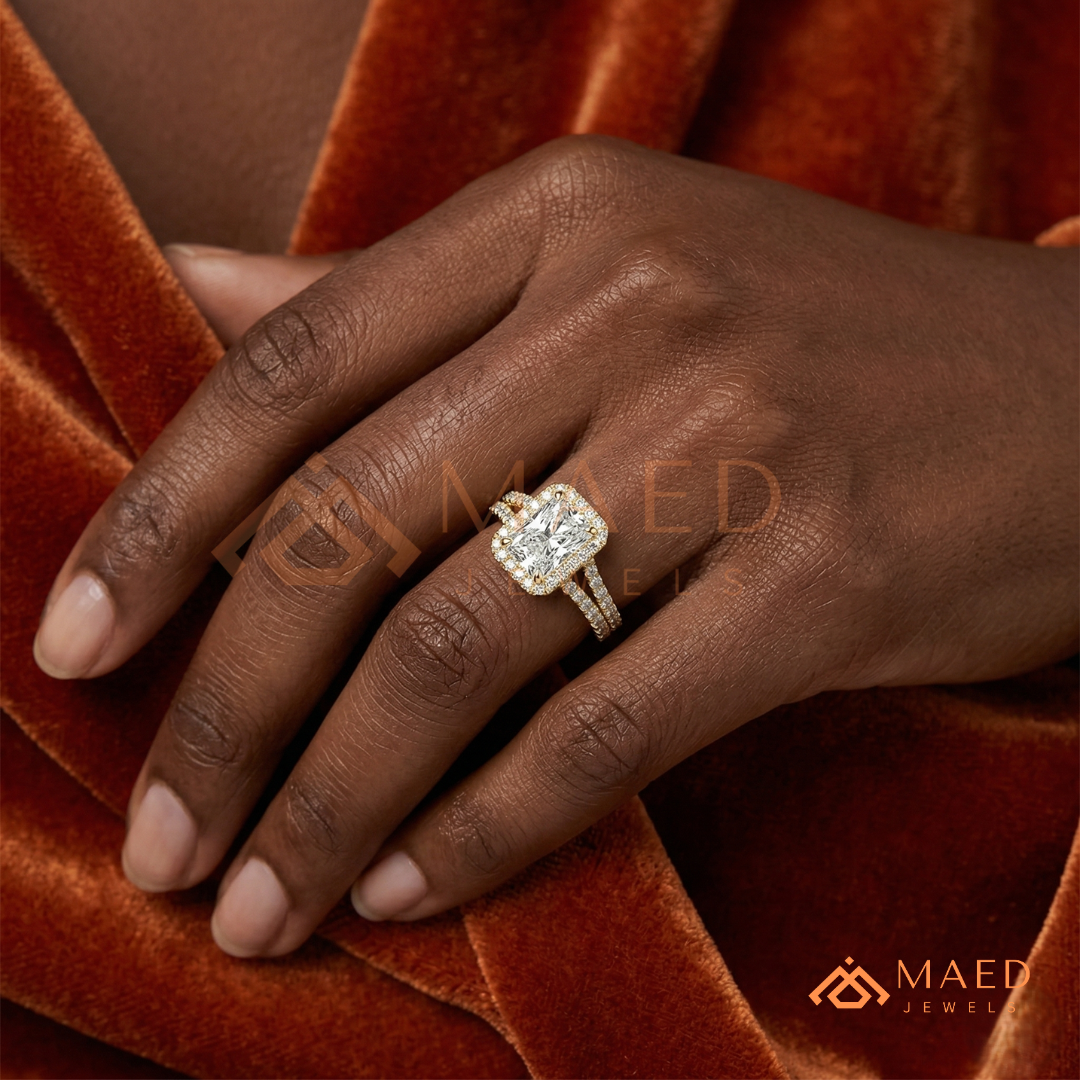 Radiant-Cut Halo Engagement Ring with Split-Shank Pavé Band