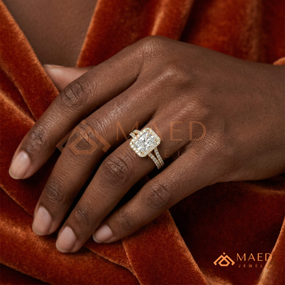 Radiant-Cut Halo Engagement Ring with Split-Shank Pavé Band