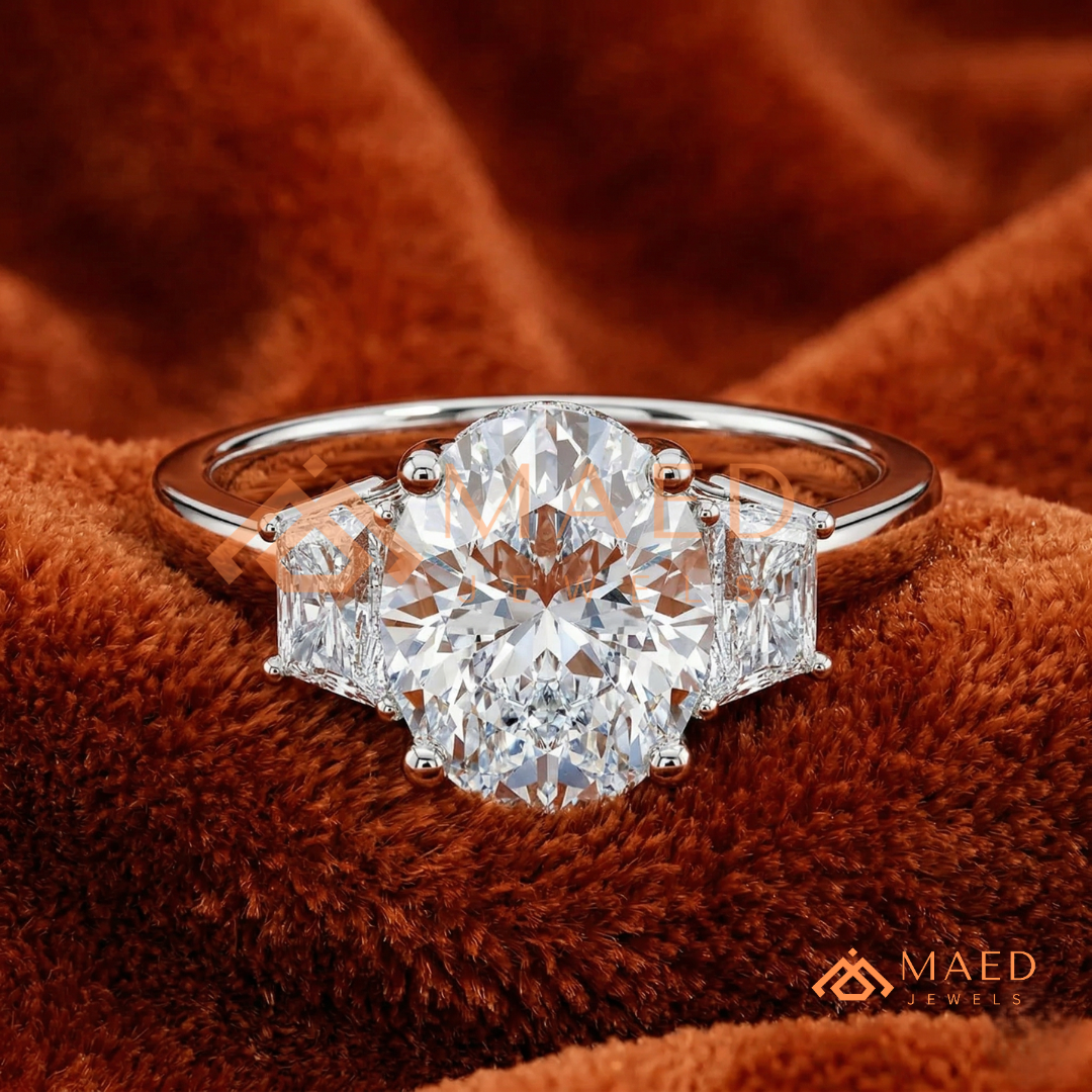 Classic Oval Cut 3-Stone Engagement Ring with Trapezoid Side Gems