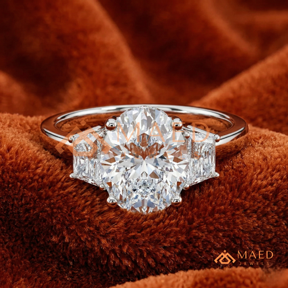 Classic Oval Cut 3-Stone Engagement Ring with Trapezoid Side Gems