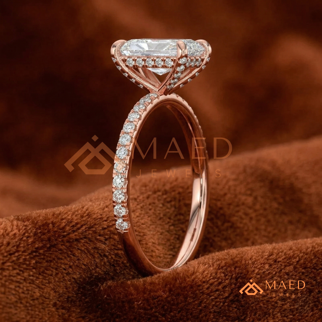 Radiant Cut Moissanite Engagement Ring in Sterling Silver, 14K White Gold & Rose Gold | Hidden Halo Diamond Band For Women