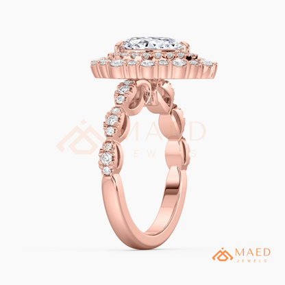 Vintage Pear Shaped Double Halo Engagement Ring with Pave Band in Silver, 14K Gold & Rose Gold