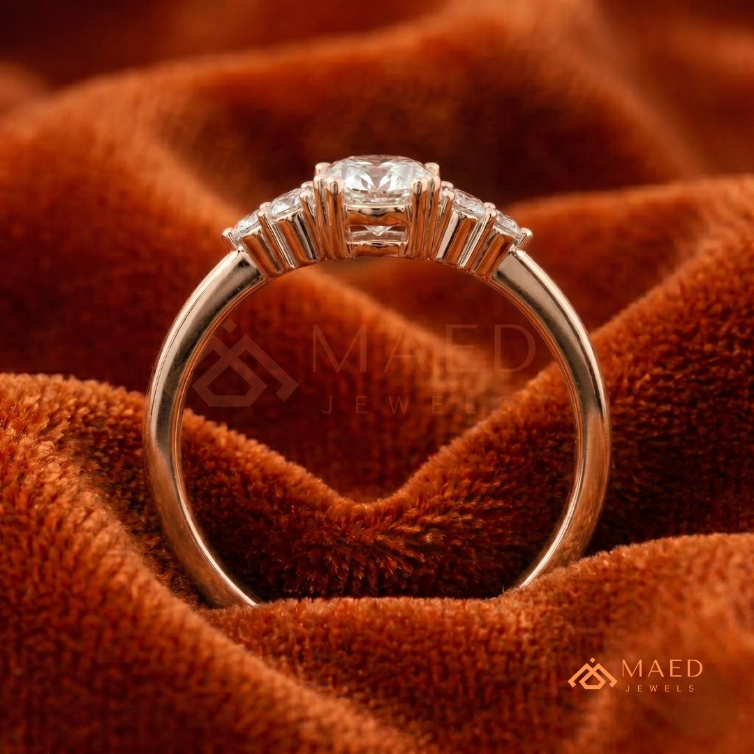 Oval Cut Engagement Ring with Round Cluster Side Stones | 14k Gold, Rose Gold & Silver