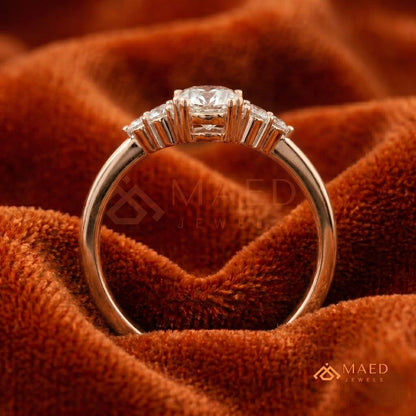 Oval Cut Engagement Ring with Round Cluster Side Stones | 14k Gold, Rose Gold & Silver