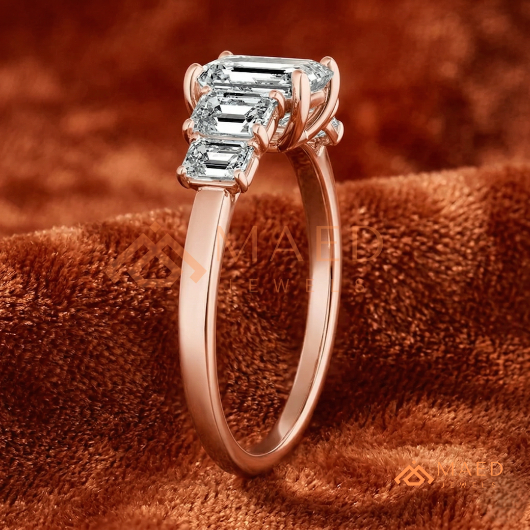 Five-Stone Emerald Cut Diamond Simulant Ring (14k White, Yellow, Rose Gold & Sterling Silver)