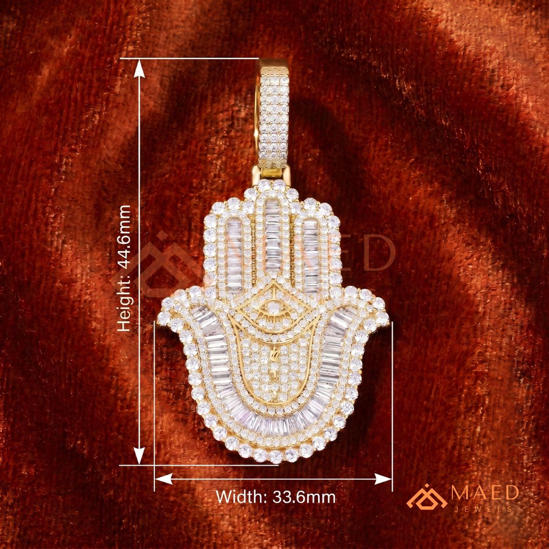 Iced-Out Hamsa Hand Pendant with Star of David & Menorah – Premium Micro-Pave Finish
