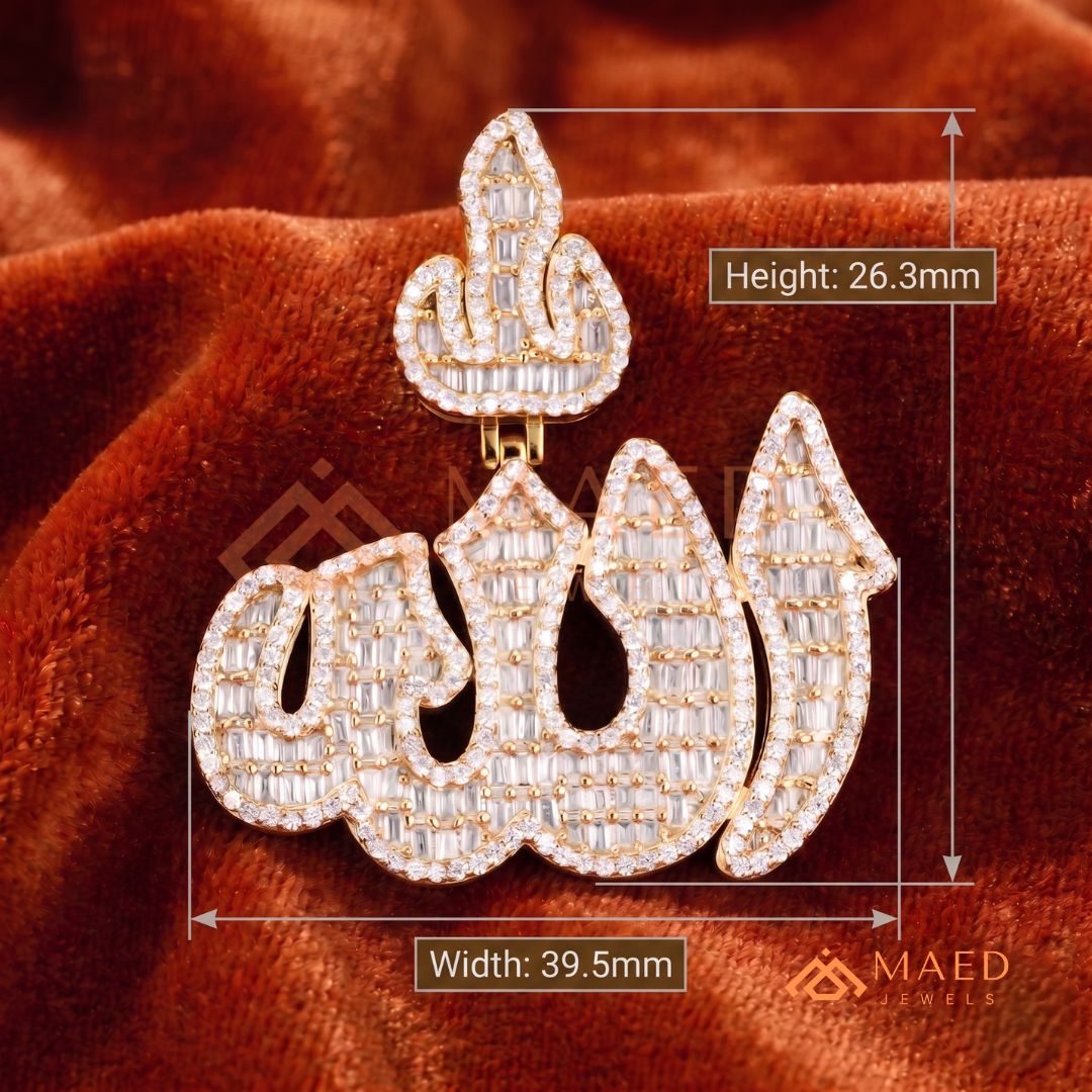 Iced Out Baguette Allah Calligraphy Pendant – 14K Gold, Rose Gold & Silver Religious Hip Hop Charm