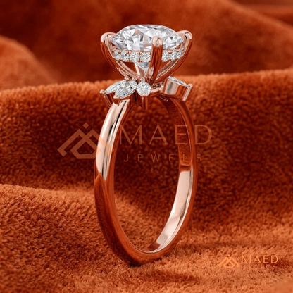 Round Brilliant Cut Ring with Marquise Floral Cluster | 14k Gold, Rose Gold & Silver