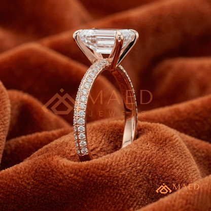 Emerald Cut Engagement Ring with Multi-Row Pavé Band in Silver, 14K Gold, & 14K Rose Gold