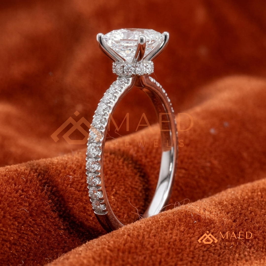 Princess Cut Engagement Ring with Pavé Band in Silver, 14K Gold, & 14K Rose Gold