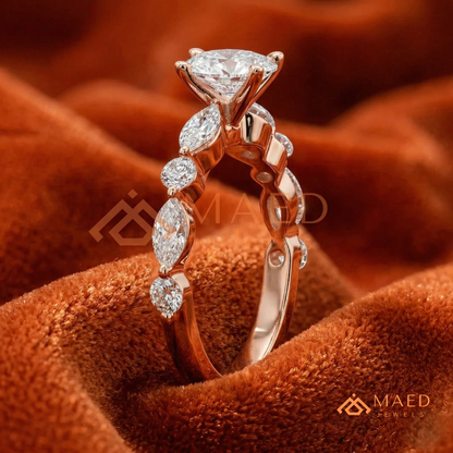 Round Cut Engagement Ring with Marquise Accents in Sterling Silver, 14K Gold & 14K Rose Gold