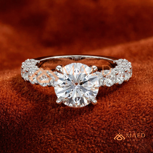 Round Brilliant Cut Engagement Ring with Shared Prong Band | 14k Gold, Rose Gold & Silver