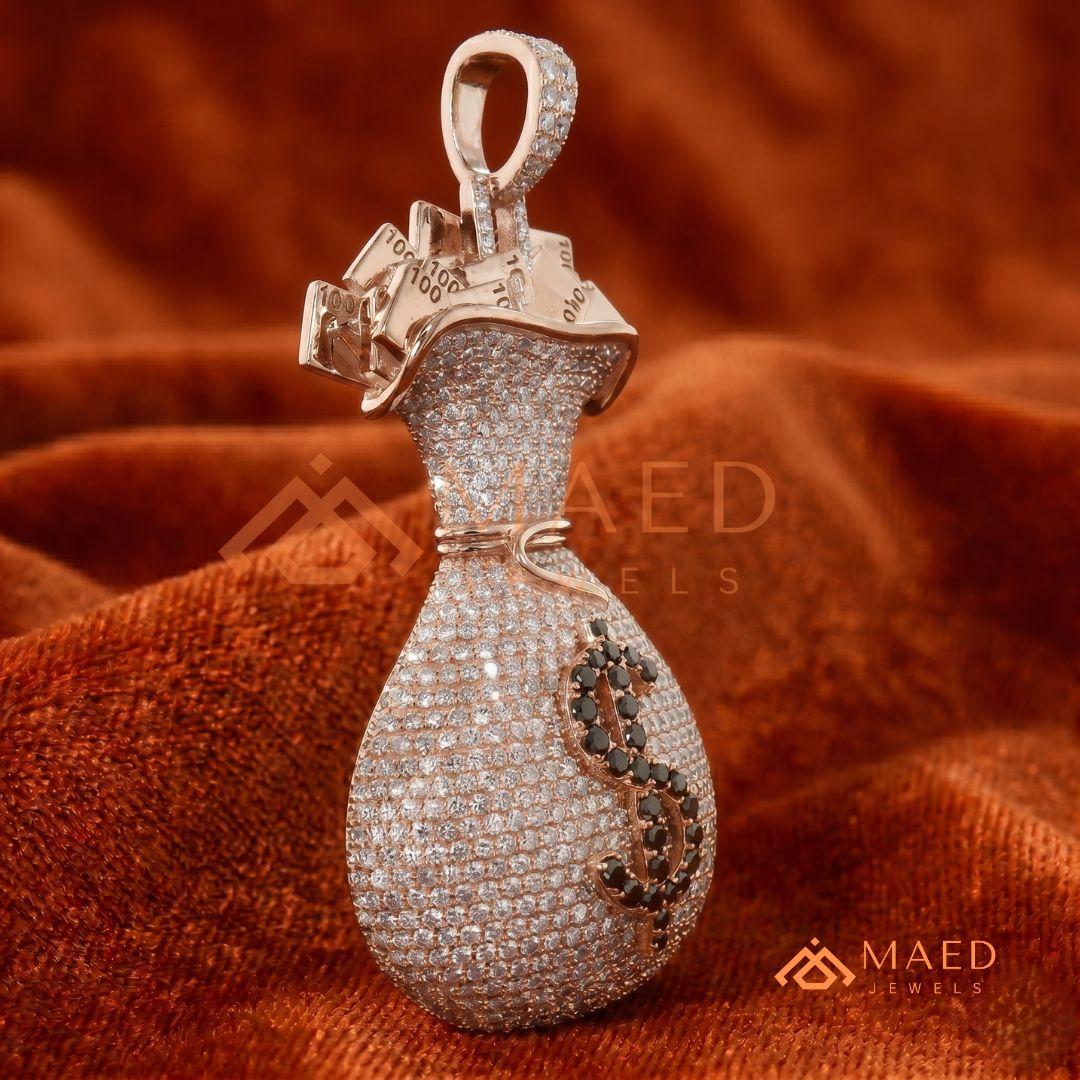 Iced Out Money Bag Pendant with Dollar Sign in Silver, 14K Yellow & Rose Gold