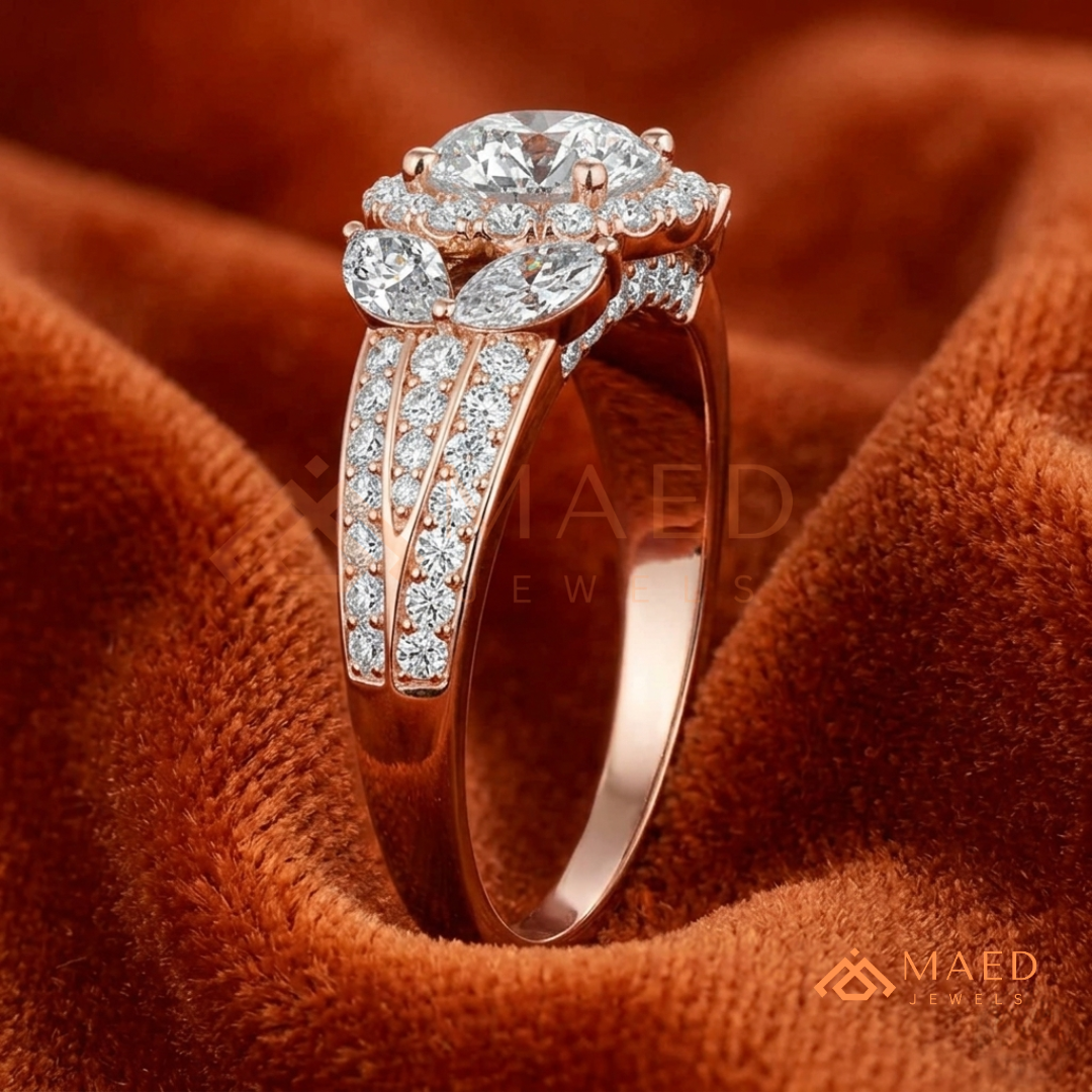 Radiant Halo Engagement Ring with Marquise Side Stones & Pavé Band