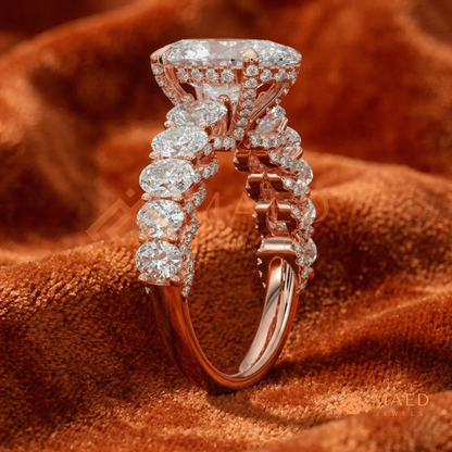 Elongated Oval Cut Engagement Ring with Oval Accent Band | 14k Gold, Rose Gold & Silver