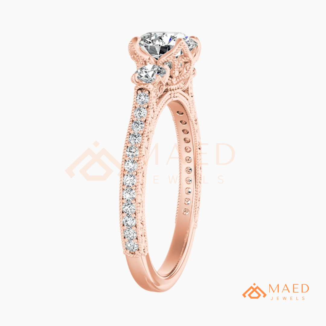 Vintage 3-Stone Round Engagement Ring in 14K Gold, Rose Gold & Silver | Antique Milgrain Pave Moissanite Ring for Women