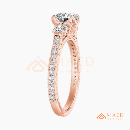 Vintage 3-Stone Round Engagement Ring in 14K Gold, Rose Gold & Silver | Antique Milgrain Pave Moissanite Ring for Women