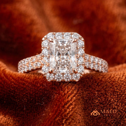 Radiant Cut Halo Engagement Ring with Pavé Band – Sterling Silver, 14K Gold, or 14K Rose Gold