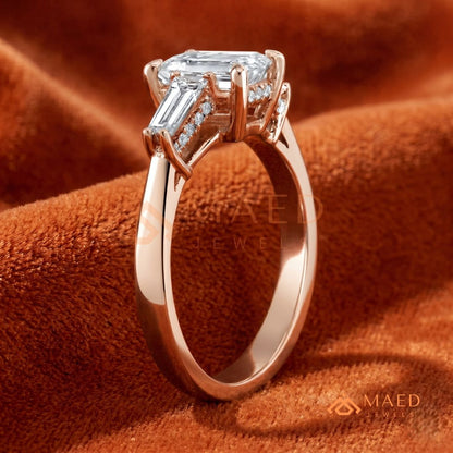 Emerald Cut Three-Stone Engagement Ring with Tapered Baguettes in Silver, 14K Gold, & 14K Rose Gold