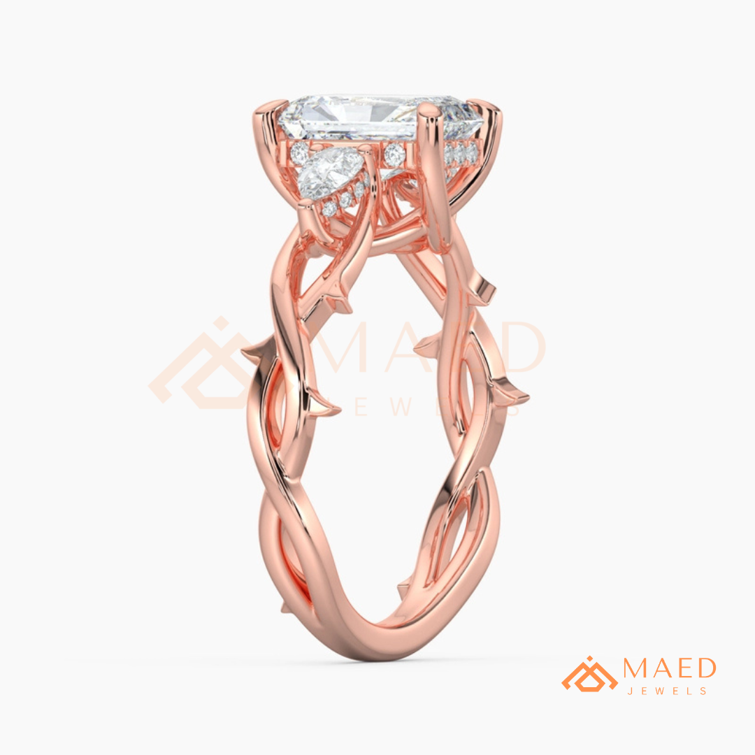 Nature-Inspired Radiant Cut Three-Stone Engagement Ring in Silver, 14k Gold, Rose Gold & Rose Gold