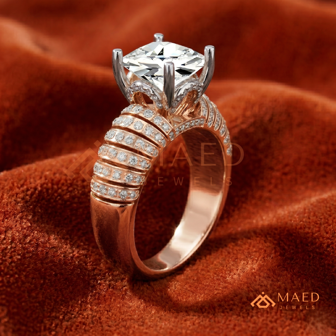 Round Cut Multi-Row Pave Engagement Ring in 14K Gold, Rose Gold & Sterling Silver | Wide Band Statement Cocktail Ring